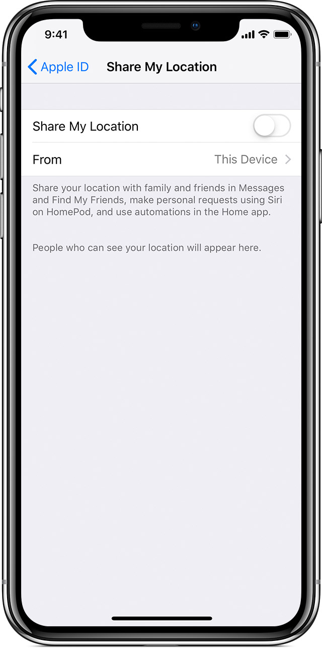 iPhone screen showing "Share My Location" turned off.