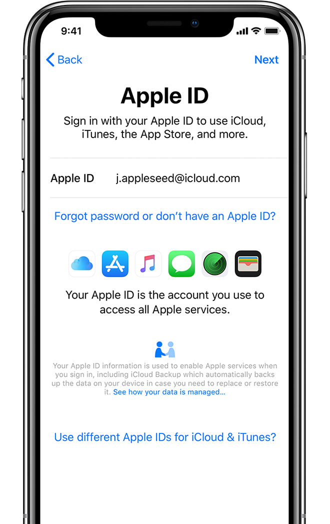Apple ID setup screen on iPhone