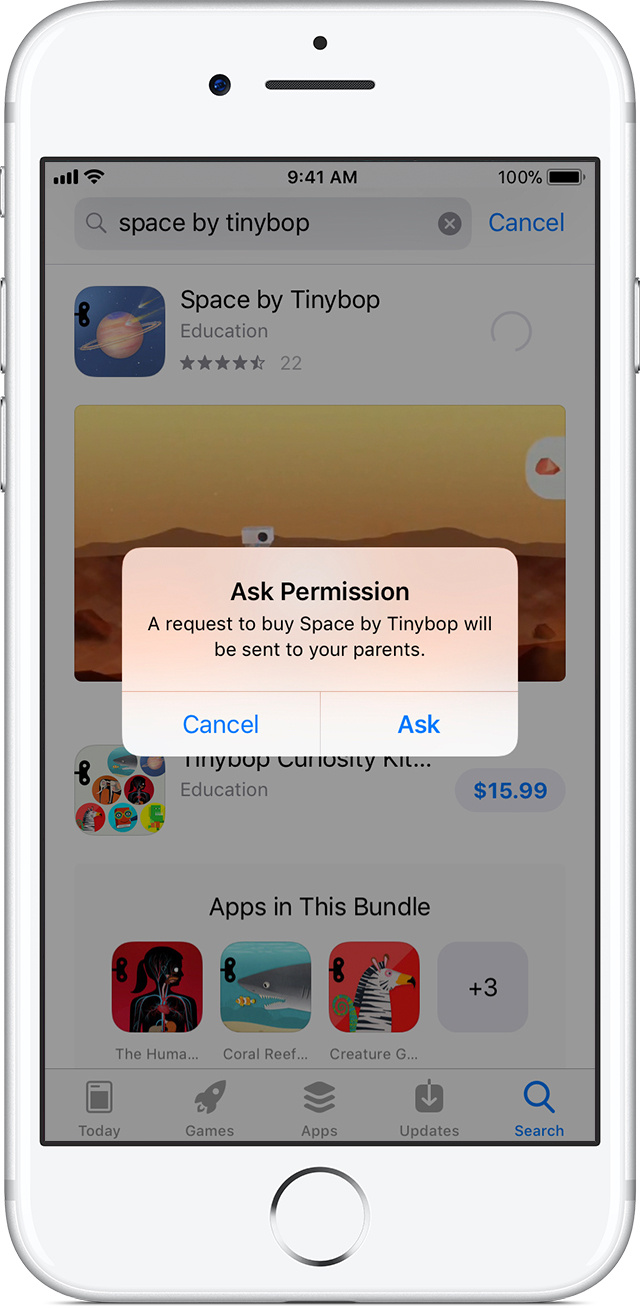iPhone mostrando el mensaje Pedir permiso para comprar Space by Tinybop