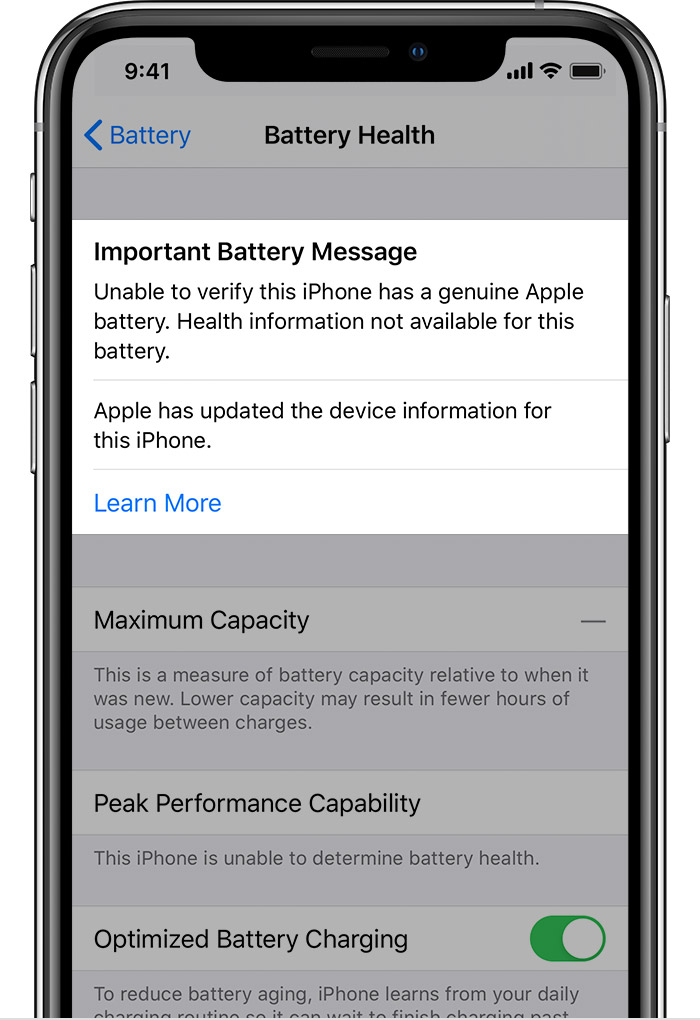 Slika prikazuje sporočilo o tem, da iPhone ne more preveriti, ali je v njem originalna baterija Apple