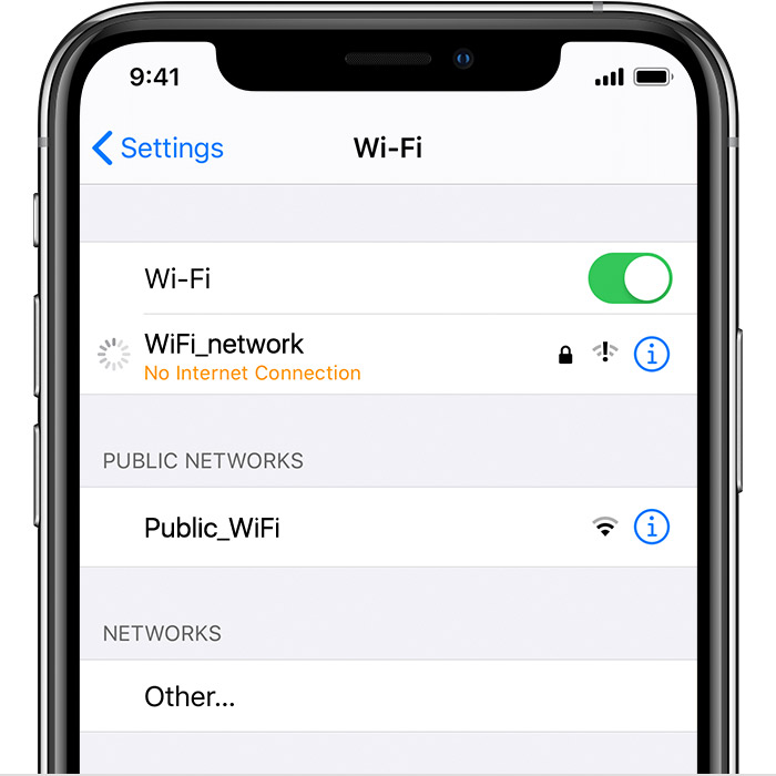 iPhone showing Wi-Fi settings. A message shows that no internet connection is available.