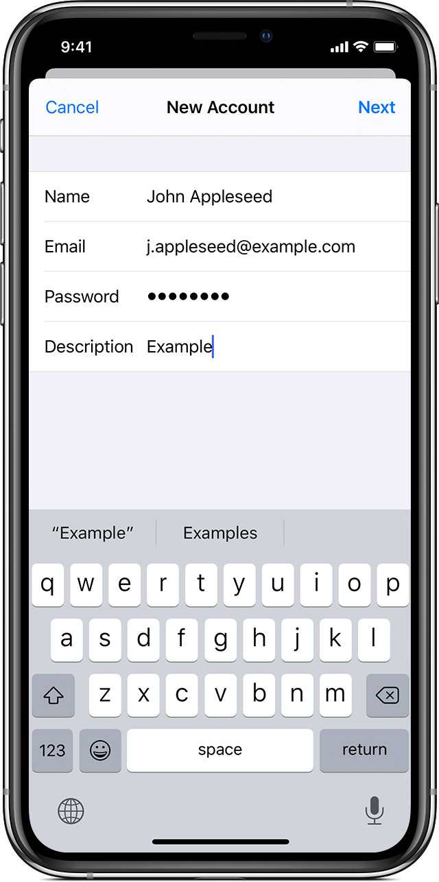 screenshot of adding account to iPhone Mail