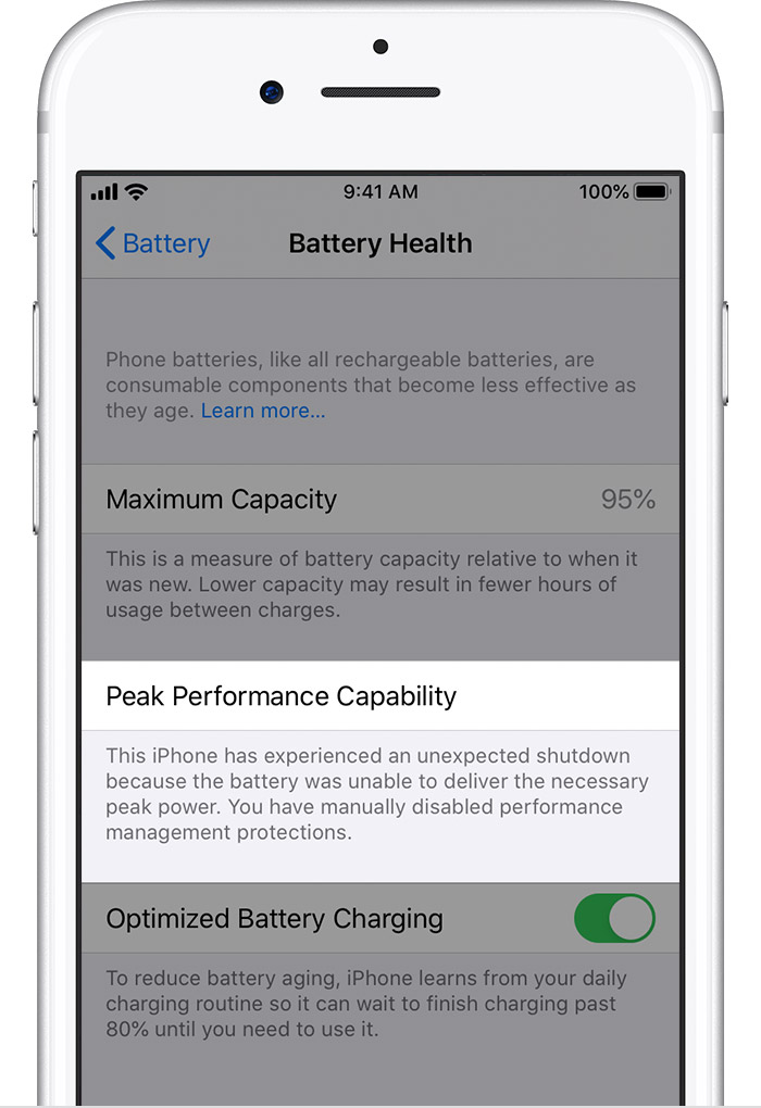 Image showing message about battery being unable to deliver necessary peak power