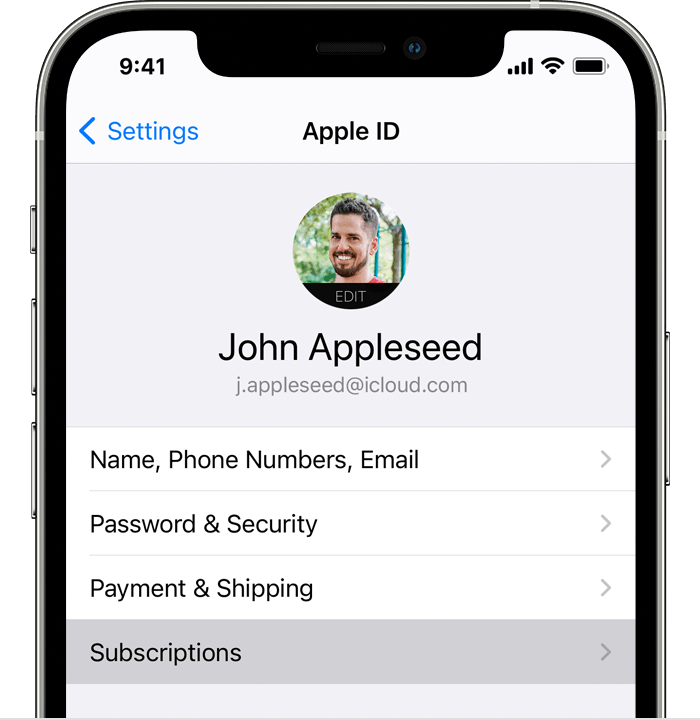 iPhone showing the Subscriptions menu option in Settings.