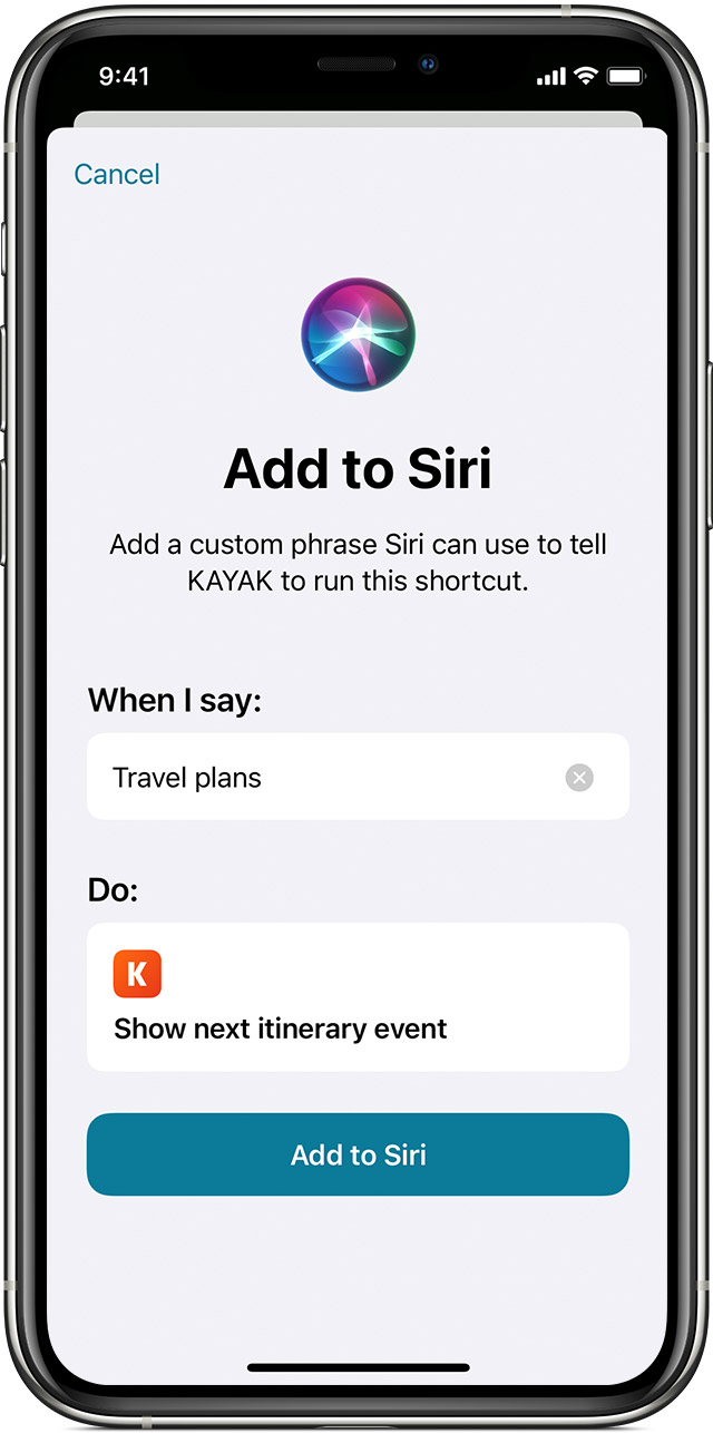 Kayak is added to Siri with the Add to Siri button.