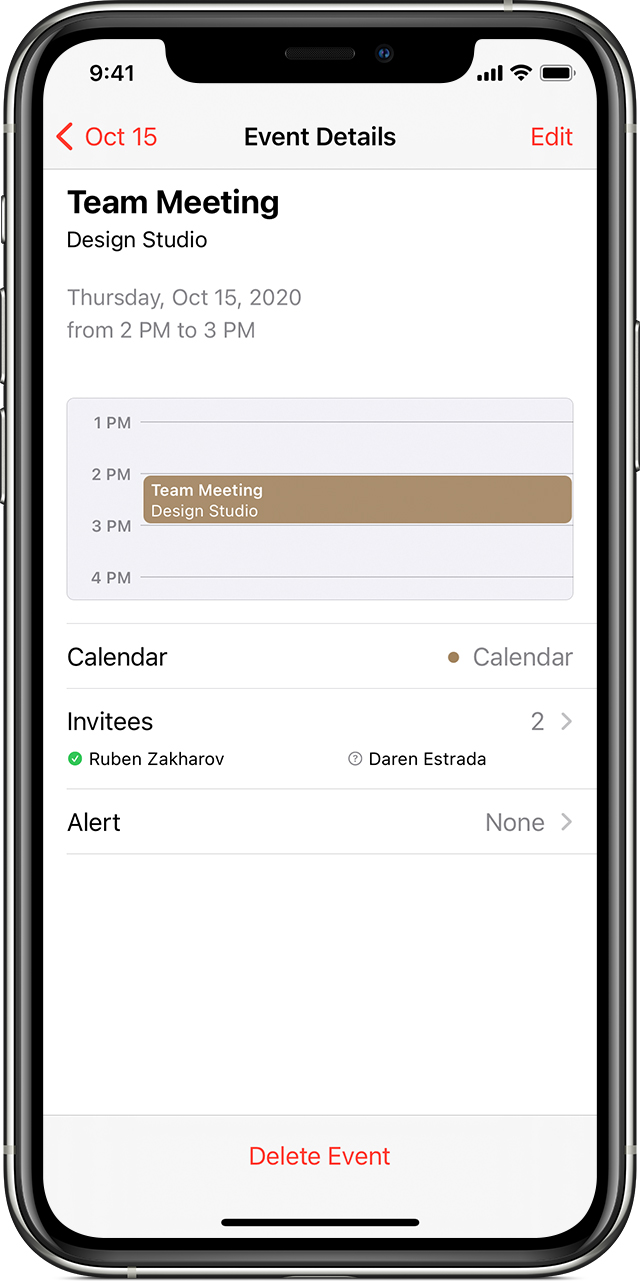 Lietotnes Calendar ekrāns iPhone ierīcē Event Details (Detalizēta informācija par notikumu); apakšā attēlota opcija Delete Event (Dzēst notikumu)