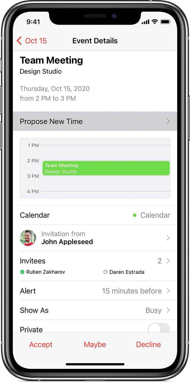 Lietotne Calendar ierīcē iPhone, kurā parādīta poga Propose New Time (Ierosināt jaunu laiku) pie uzaicinājuma uz notikumu.