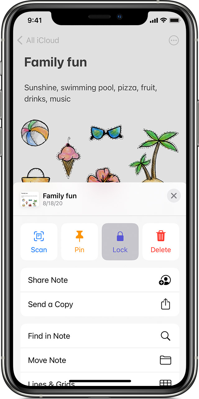 iPhone showing how to lock a note