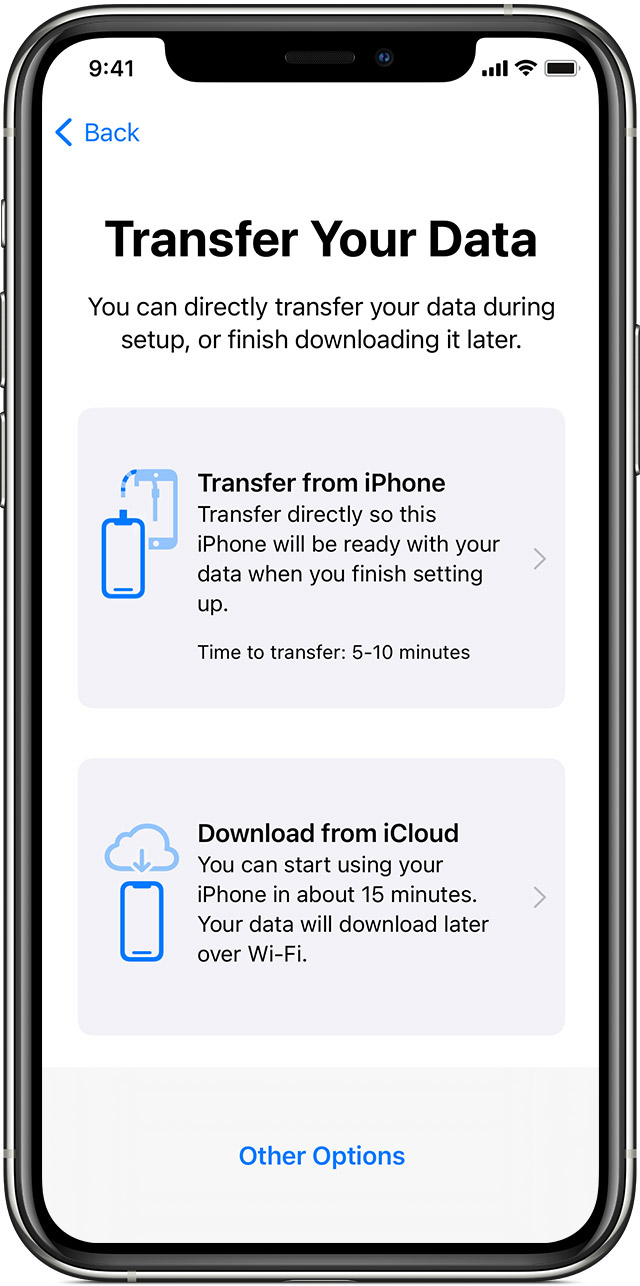 iPhone 顯示的畫面要求您選擇是否要從原有的 iPhone 或從 iCloud 備份傳送資料。