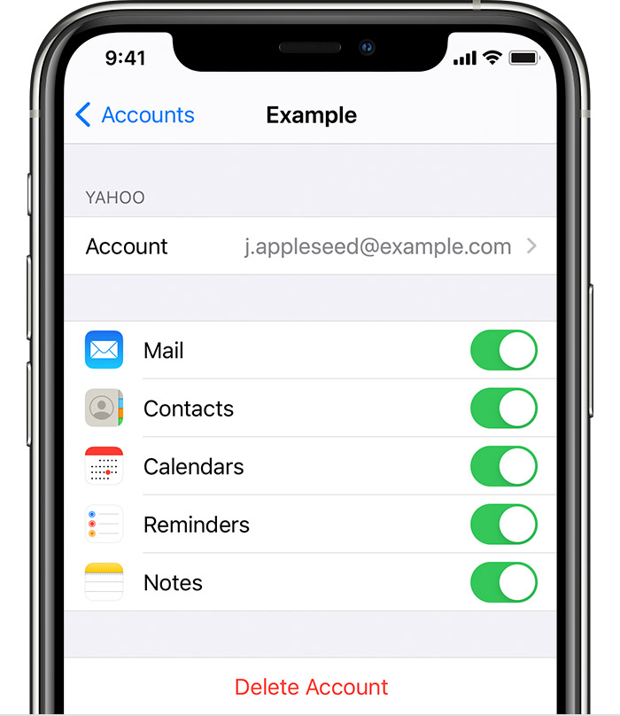 To make sure your Notes work is associated with an email account, find the email settings screen located at Settings > Mail > Accounts.