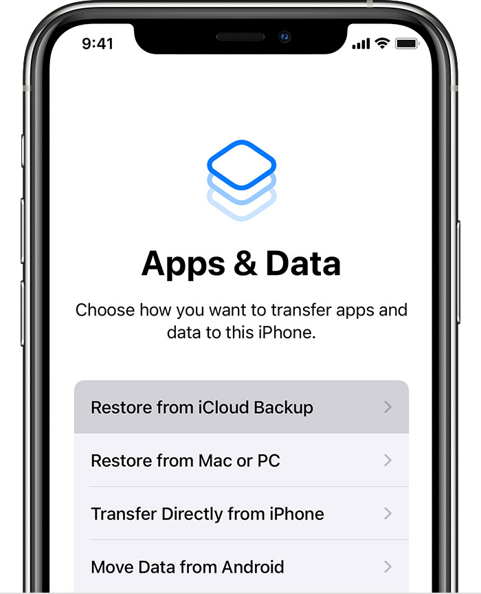 „iPhone“, kuriame rodomas „Apps & Data“ (programos ir duomenys) ekranas su pasirinkta pirmąja parinktimi „Restore from iCloud Backup“ (atkurti iš „iCloud“ atsarginės kopijos).