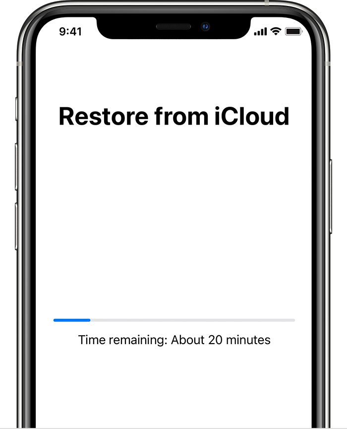Naprava iPhone, ki prikazuje zaslon »Restore from iCloud« (Obnovitev iz storitve iCloud) z vrstico z napredkom. Piše, da je preostali čas približno 20 minut.