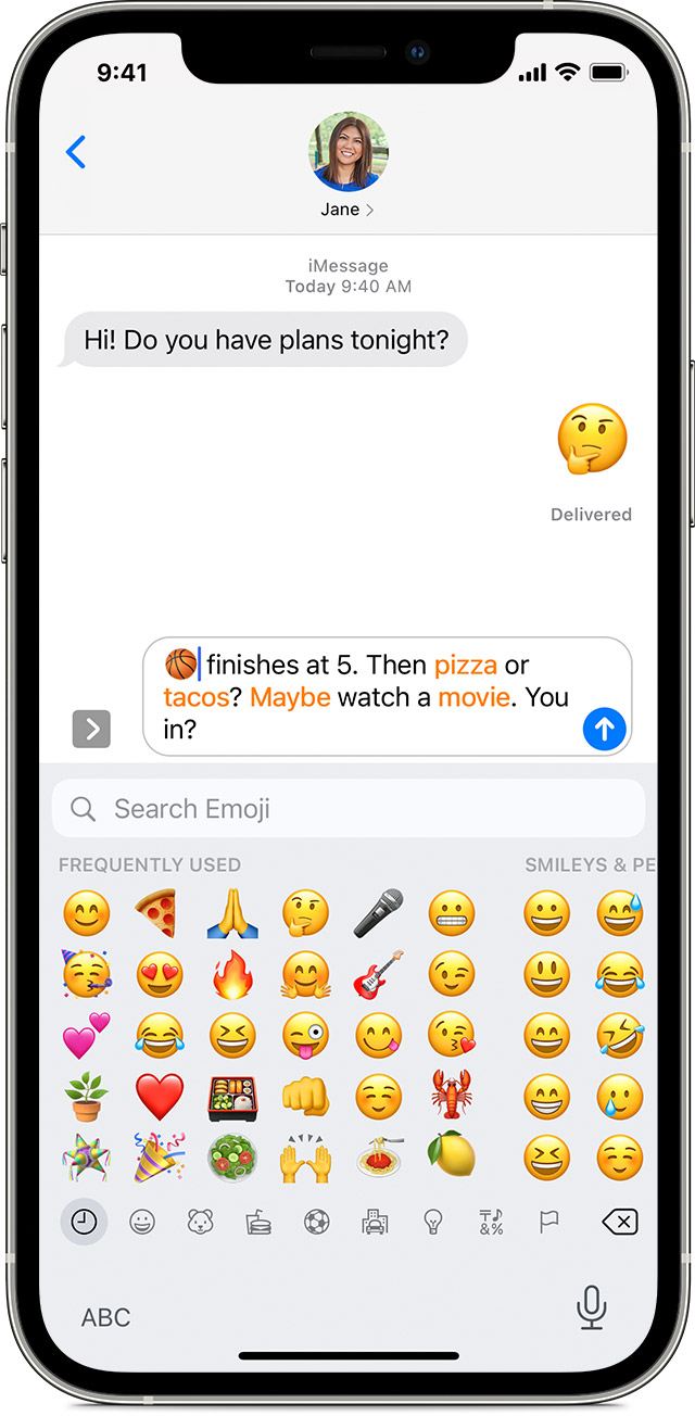 An iPhone screen showing a Messages conversation with the emoji keyboard opened.