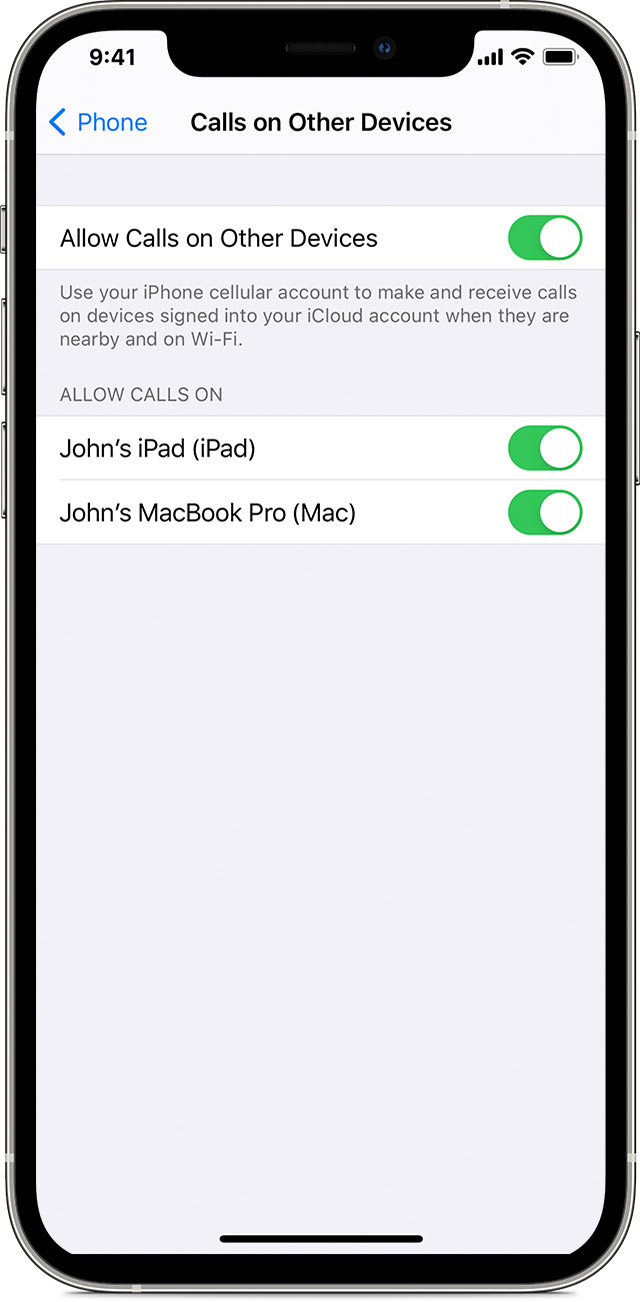 An iPhone showing the Calls on Other Devices screen. Allow Calls on Other Devices is turned on and allowing calls on John's iPad and John's MacBook Pro.