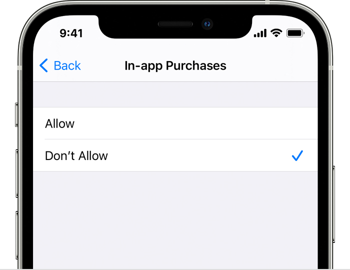 iPhone Settings screen with In-app Purchases set to "Don't Allow"