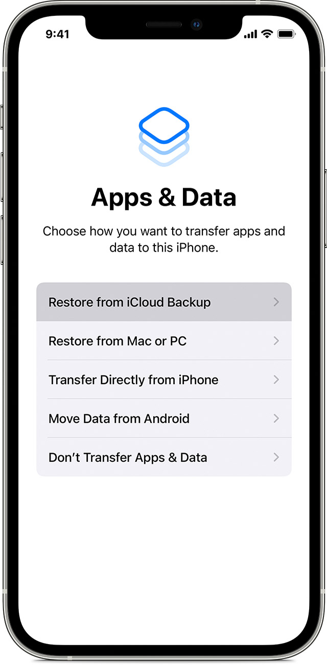 iPhone showing the Apps & Data screen with "Restore from iCloud Backup" selected.
