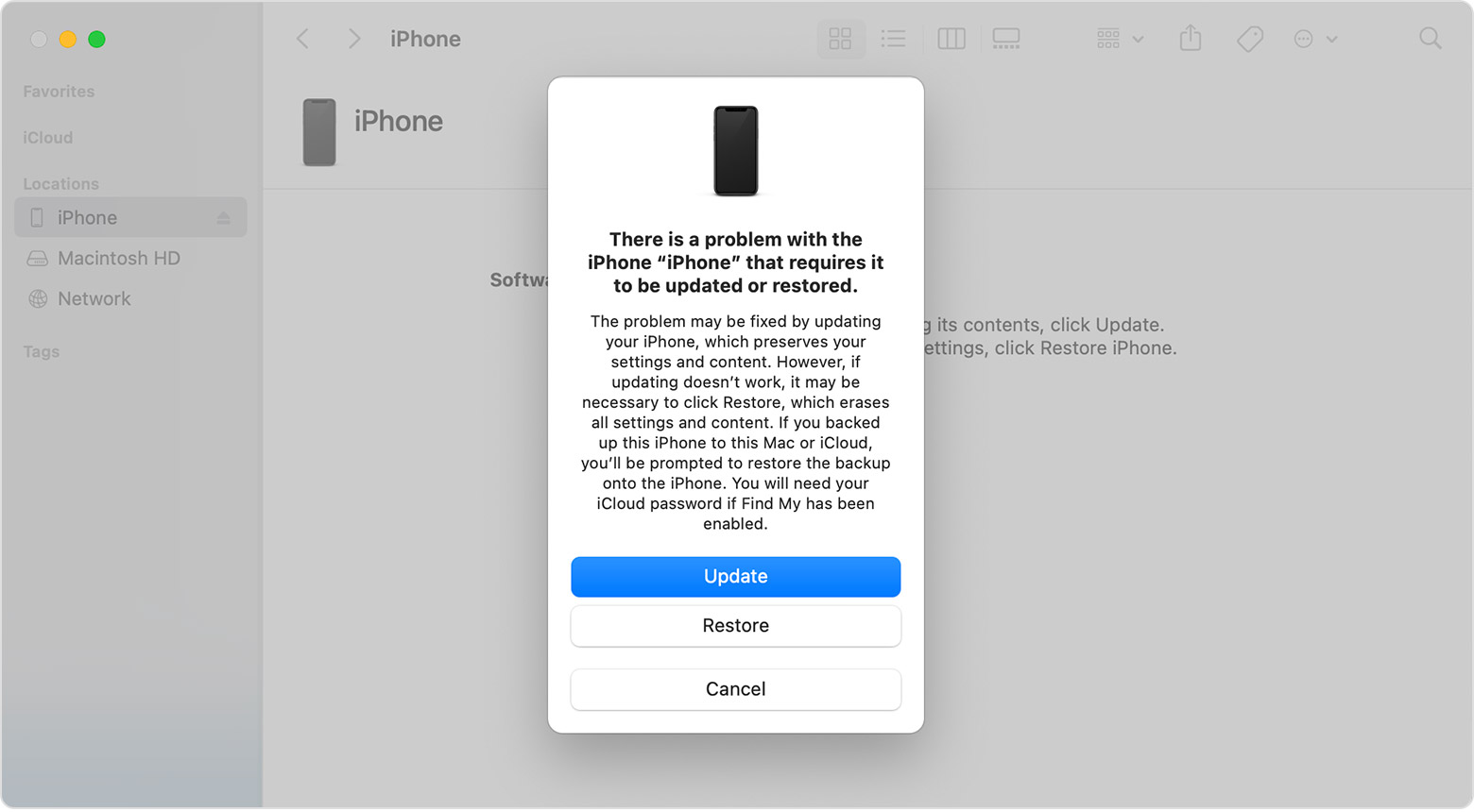 Una finestra del Finder su un Mac che mostra le opzioni per ripristinare o aggiornare il tuo iPhone.
