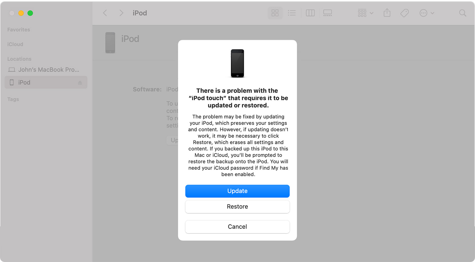 Finder 視窗正在顯示提示，當中可選擇更新或還原 iPod touch。選擇了「更新」。