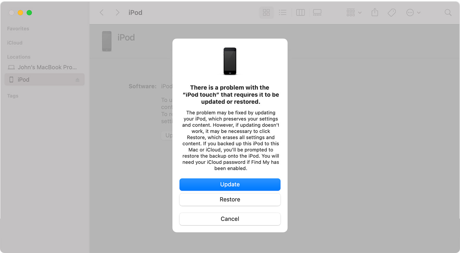 Fenêtre du Finder invitant à mettre à jour ou à restaurer l’iPod touch. L’option Mettre à jour est sélectionnée.