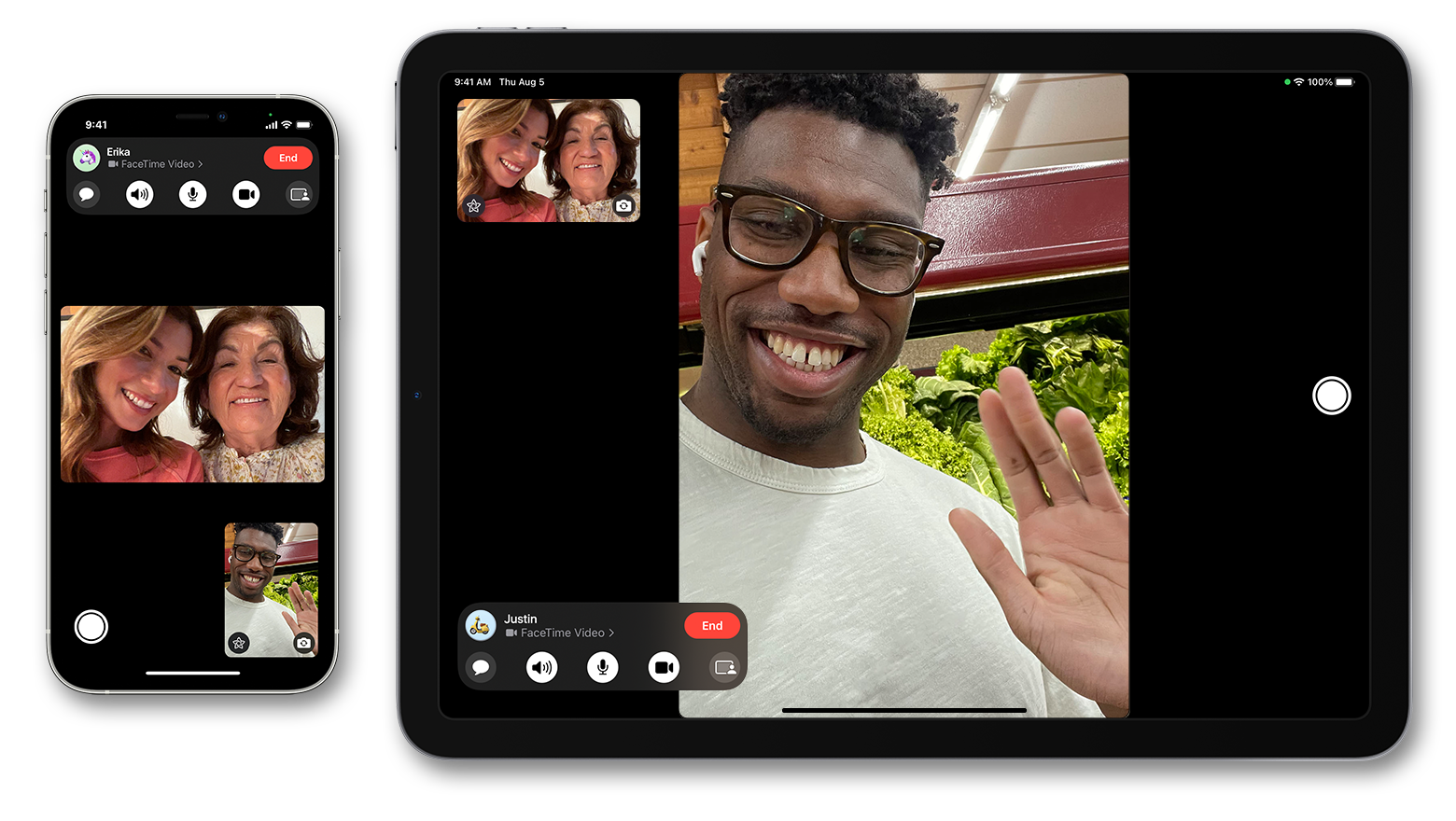 An iPhone next to an iPad. Both devices show ongoing FaceTime video calls.