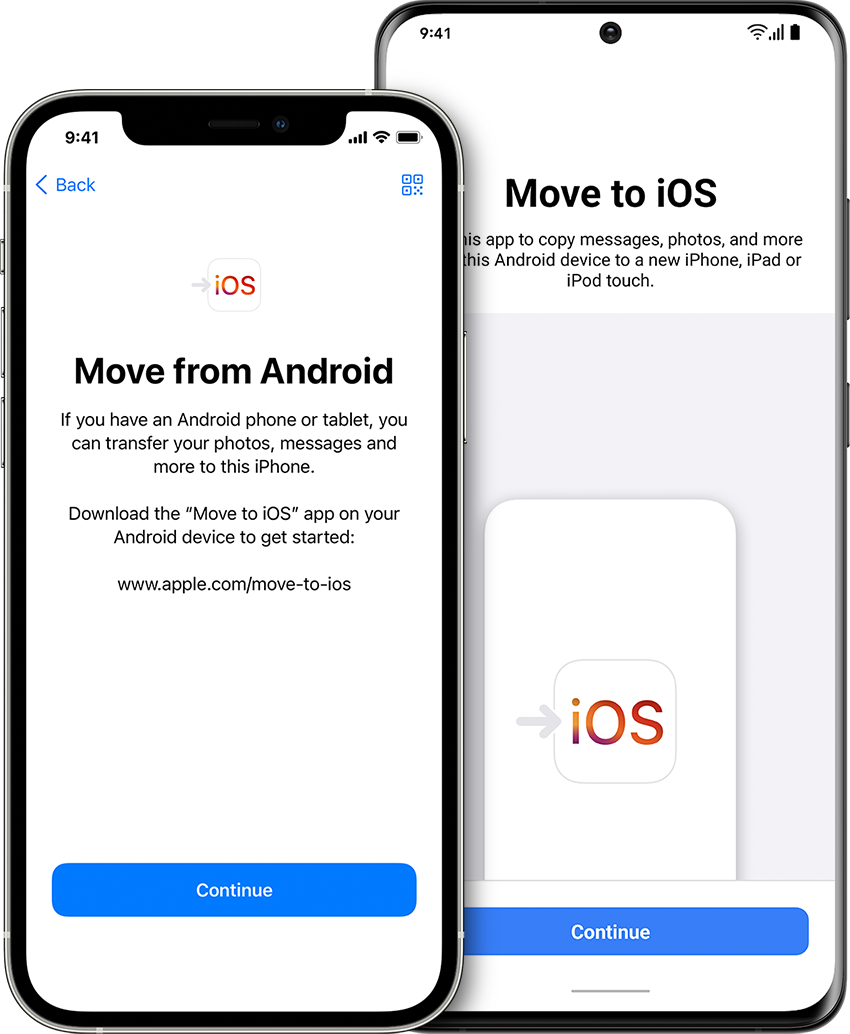 screens showing the Move to iOS app on iPhone and Android