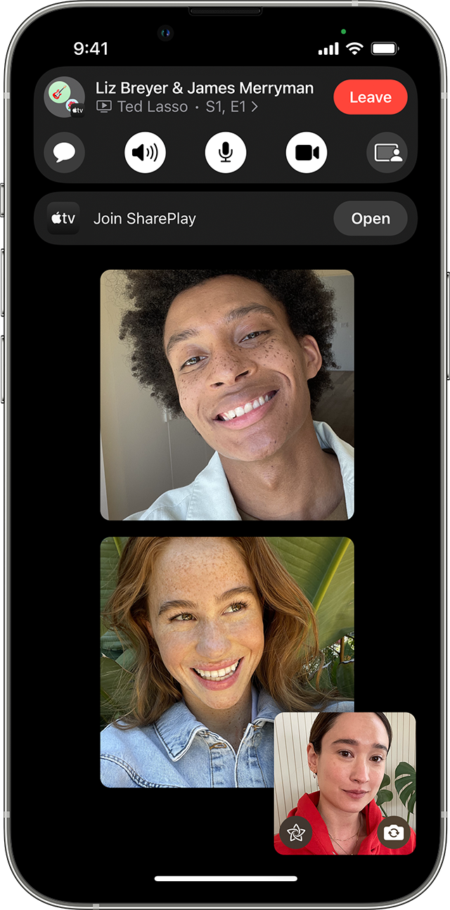 iOS screenshot showing three people on a FaceTime call, with the option to Join SharePlay. 