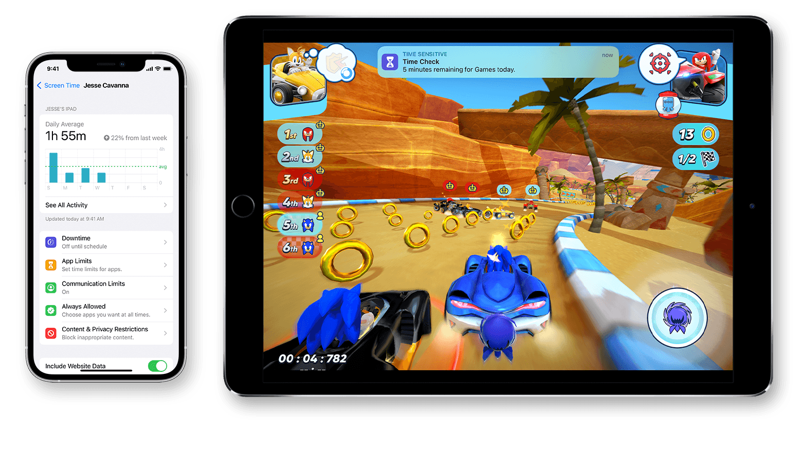 iPhone showing the daily average screen time, and iPad showing a racing game.