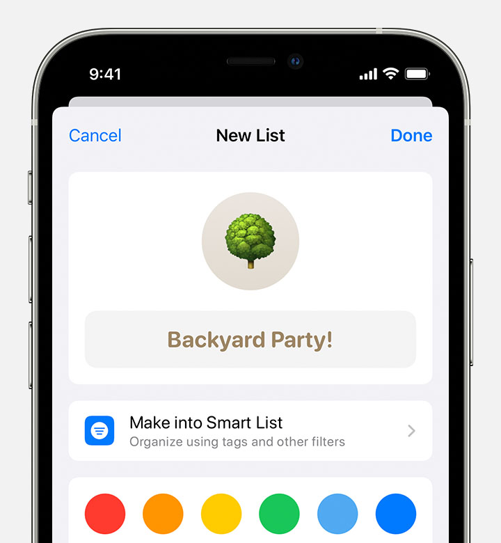 An iPhone showing the New Reminder screen. Under the reminder title, Backyard Party, there's a button called Make into Smart List.