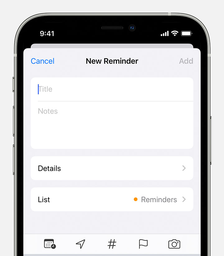 An iPhone showing the New Reminder screen, where you can add a title, notes and other details to create a reminder.