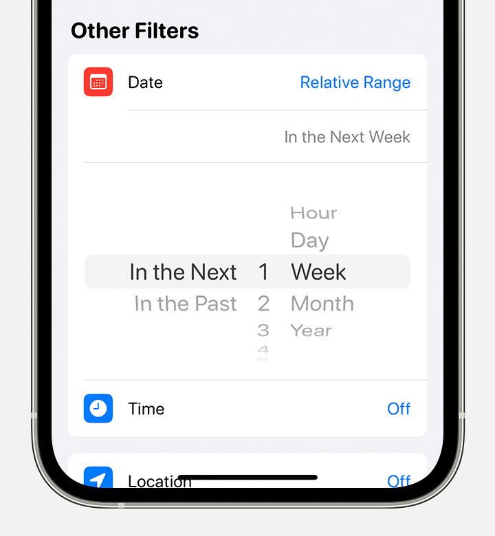 An iPhone showing the Other Filters section while editing a Smart List's details. Under Date, there's a selector to add reminders to the list that are due in a relative range, like in the next week or in the past two months.