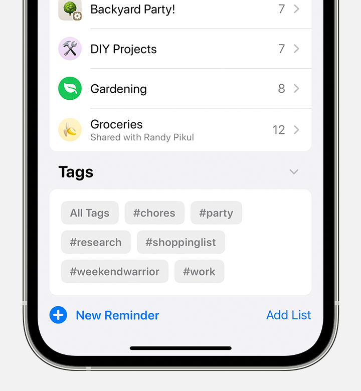 An iPhone showing the tag browser in the Tags section at the bottom of the screen. In it are buttons with tag names like "#party" and "#shoppinglist"