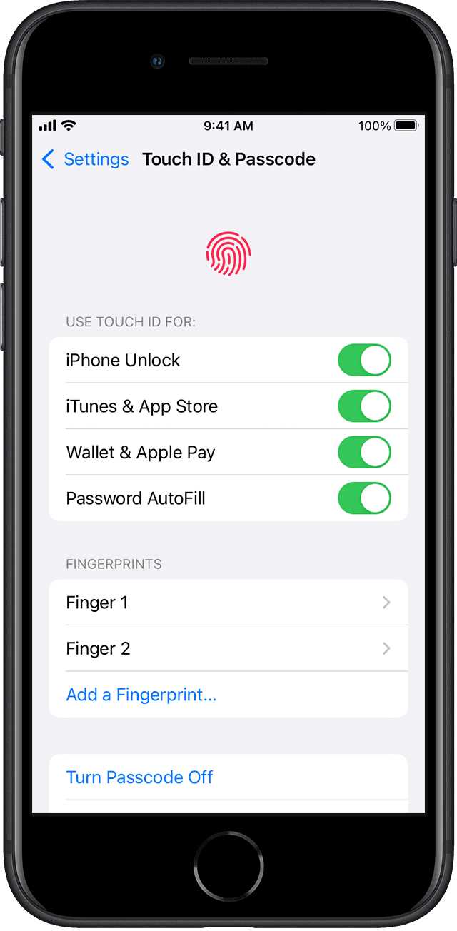 In Settings, a user can choose which iPhone features to enable with Touch ID