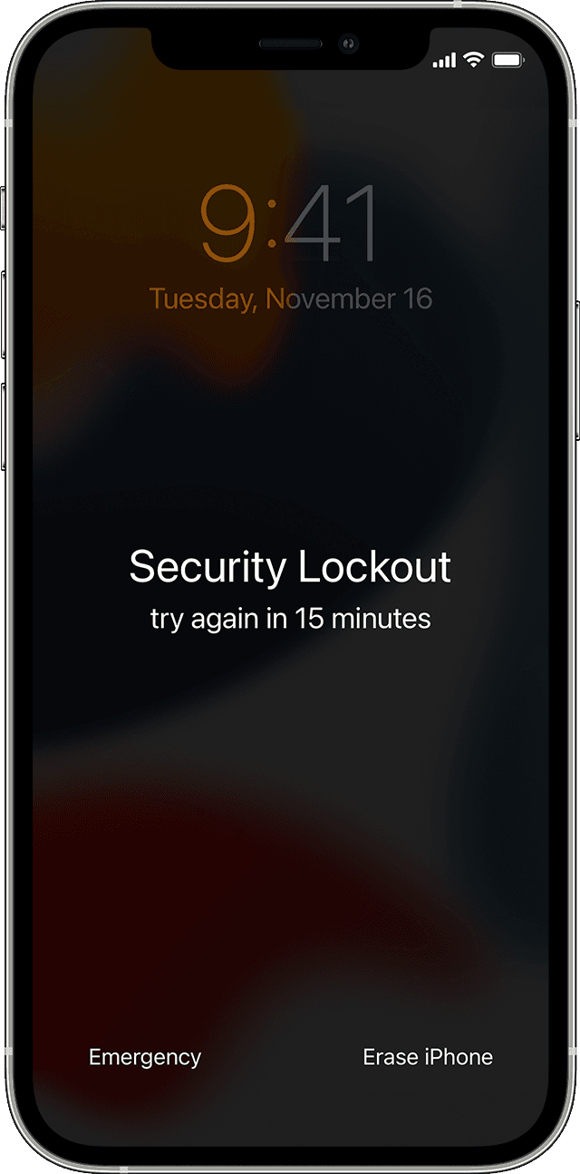 An iPhone showing the Security Lockout screen. The Erase [Device] option is in the bottom corner of the screen. Avaible on iOS 15.2 