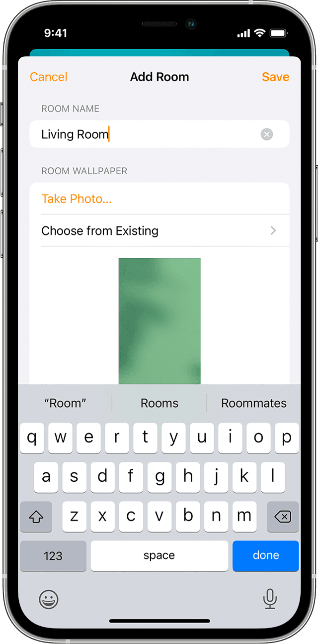 แอปบ้านบน iOS แสดงหน้าจอและอุปกรณ์เสริมในห้องนั่งเล่น