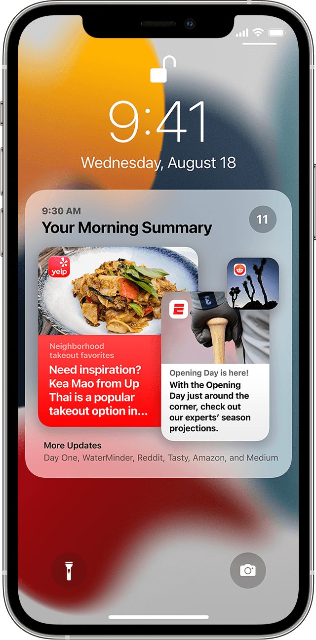 An iPhone showing a notification summary on the Lock Screen. In the summary, you see notifications from the Yelp, ESPN, and Reddit apps.