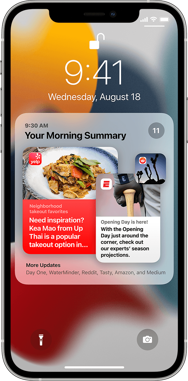 iPhone showing a notification summary on the Lock Screen. In the summary, you can see notifications from the Yelp, ESPN and Reddit apps.