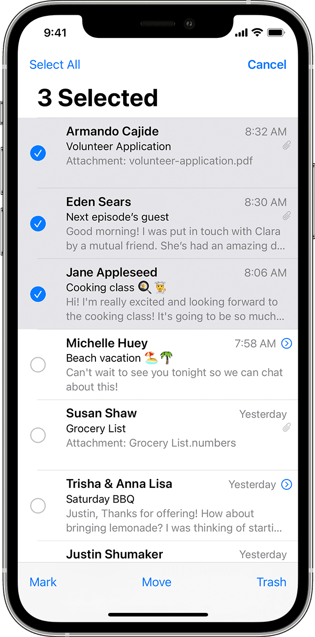 iPhone showing Mail app with three messages selected
