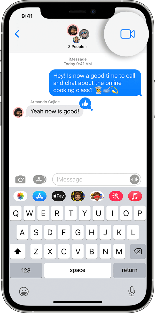 iPhone showing how to make a Group FaceTime call from the Messages app