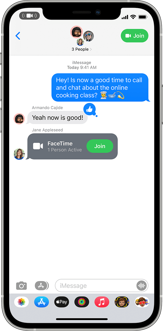 iPhone showing how to join a FaceTime call from a group message
