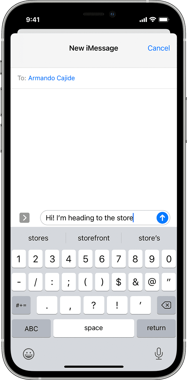 iPhone-skærm, der viser tekstforudsigelse