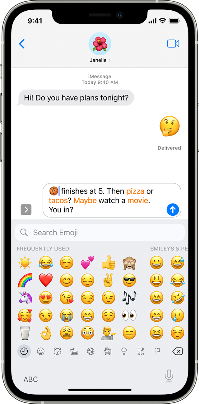 iPhone screen showing a Messages conversation with the emoji keyboard open.