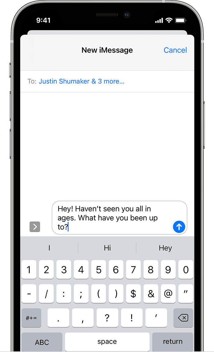 iPhone showing how to send a group text message. Message is being typed but hasn't been sent yet.