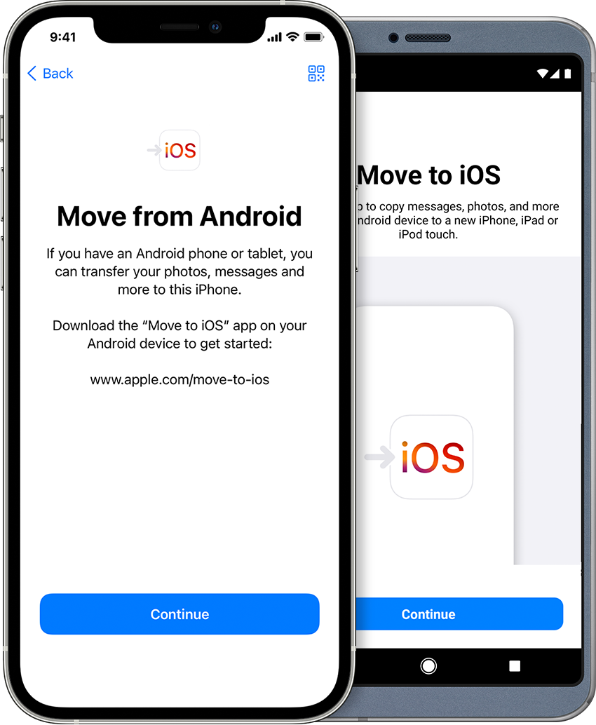 screens showing the Move to iOS app on iPhone and Android