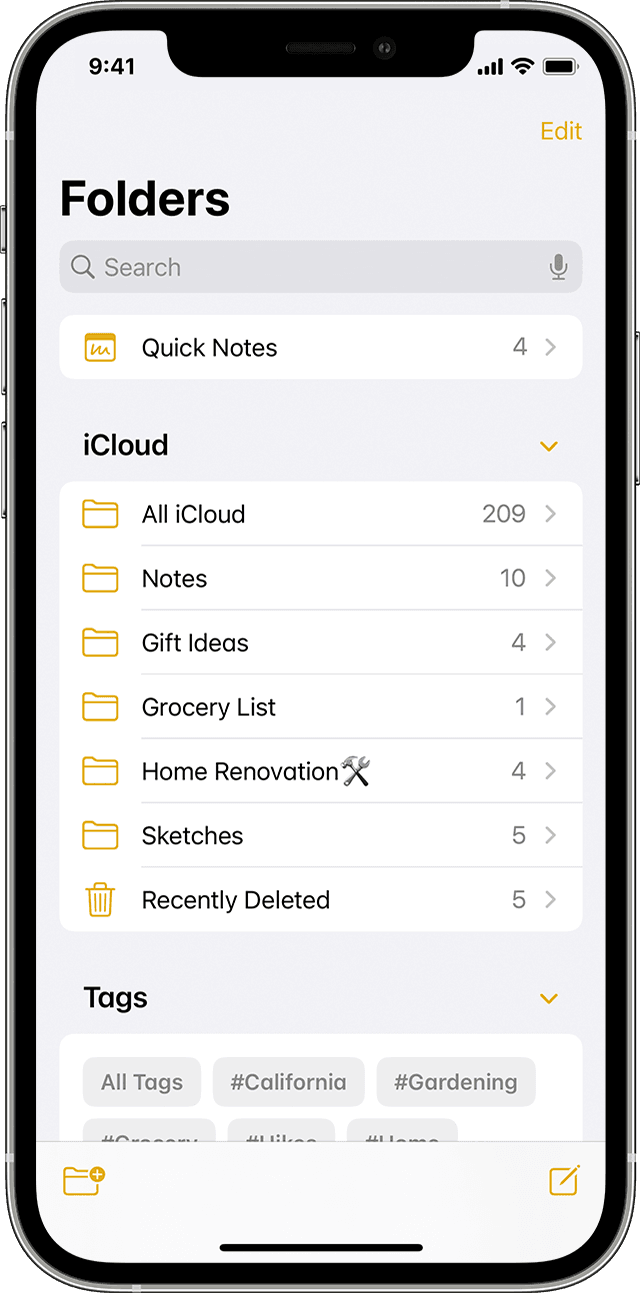 iPhone showing how to create a folder in the Notes app.