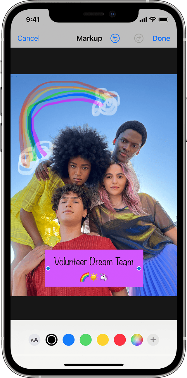 use iPhone markup tool to add stickers and text to group pictures in Photos app