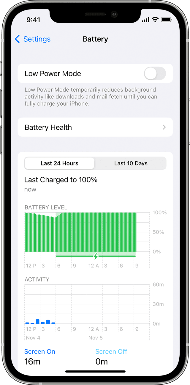 iPhone showing Battery screen in Settings
