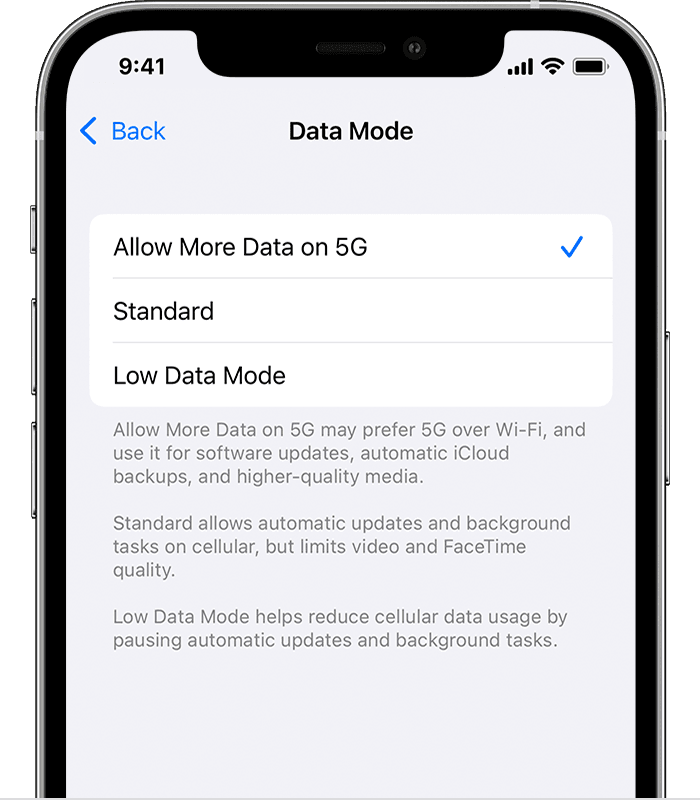 Screenshot showing Data Mode preferences