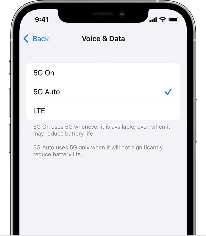 Screenshot showing Voice & Data preferences