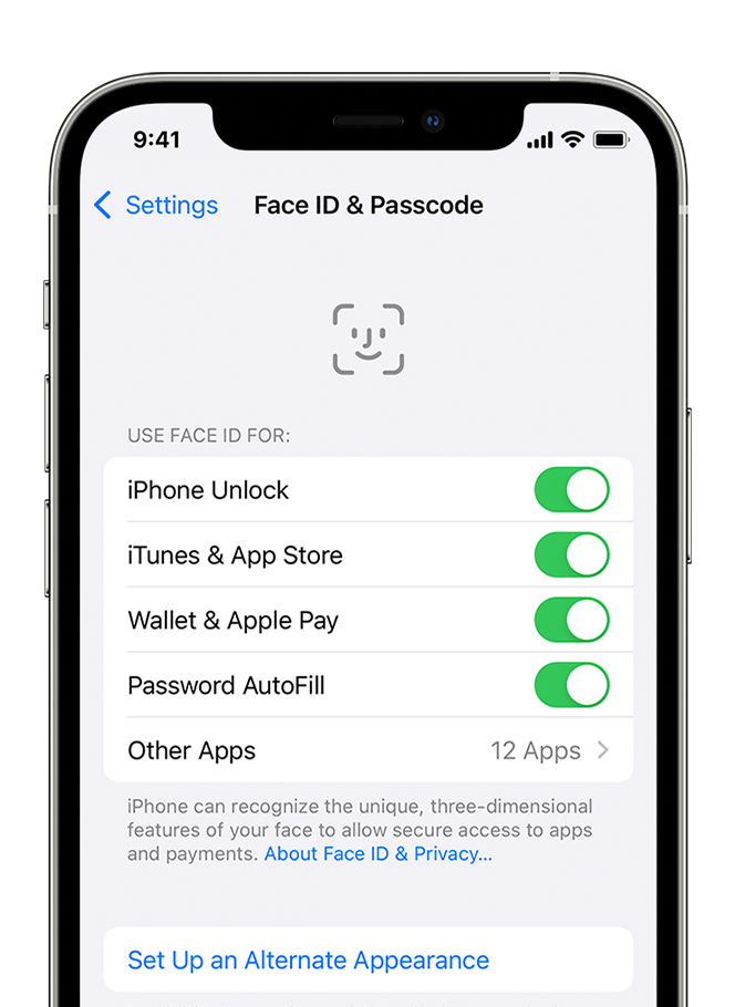 An iPhone showing the screen at Settings > Face ID & Passcode.