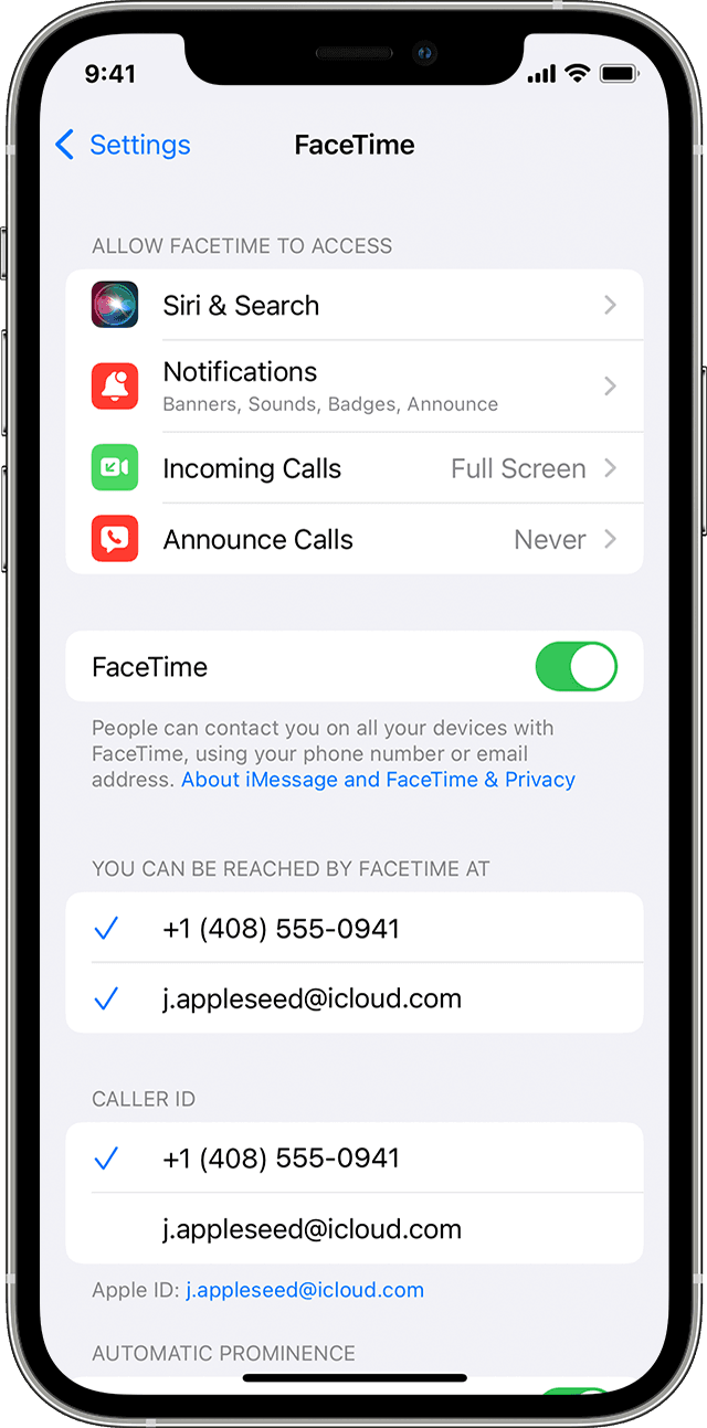 iPhone showing the FaceTime settings screen with FaceTime turned on.